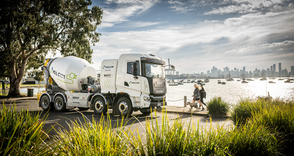 Sany eMixer with Melbourne city and docks in the background